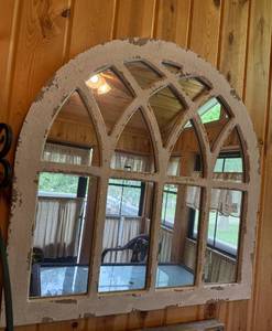 lot 57 image: Arch Window Pane Mirror and Wicker Console Table