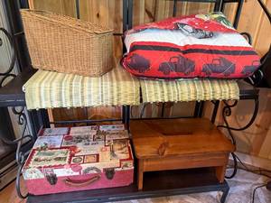 lot 60 image: Home Decor Set with Wicker Basket, Quilted Throw, Decorative Suitcase, and Wooden Step Stool