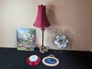 lot 68 image: Decorative Set with Floral Design Lamp, Wall Art, and Clock