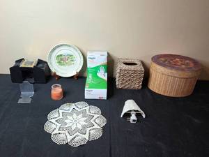 lot 75 image: Assorted Home Goods Collection Including Pfaltzgraff Decorative Plate, Card Shuffler, and More