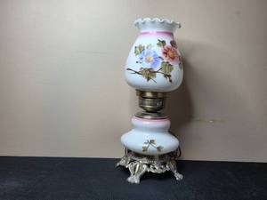 lot 76 image: Vintage Floral Glass Lamp with Ornate Metal Base