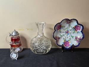 lot 79 image: Vintage Decorative Pieces Carafe, Mug, Clock, and Platter