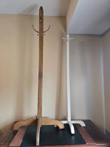 lot 82 image: Set of Wooden Coat Racks - Oak and White Finish