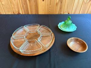 lot 120 image: Vintage Glass and Wood Serving Set with Divided Dish, Fenton Glass Butter Dish, and Wooden Bowl