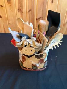 lot 123 image: Ceramic Cow-Theme Utensil Holder with Various Kitchen Utensils