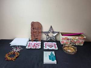 lot 152 image: VTG Hand Carved (Elephant) Wooden Foldable Book Stand & Assorted Home Decor Collection Including Candles, Trinket Tray, and Decorative Plates