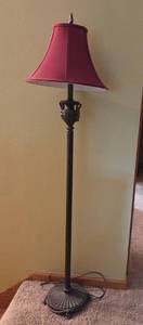 lot 154 image: Vintage Floor Lamp with Red Fabric Shade and Ornate Base