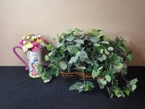 lot 158 image: Decorative Floral Pitcher with Artificial Ivy Basket Arrangement