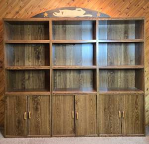 lot 182 image: Wooden Triple Bookshelf with Decorative Header