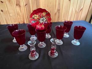 lot 202 image: Vintage Red Goblet and Glass Candle Holders with Decorative Plate