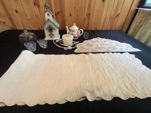 lot 203 image: VTG Home Decor Collection Lace Runner, Teapot, and More
