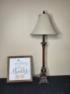 lot 214 image: Decorative Table Lamp and P. Graham Dunn Wooden Wall Art