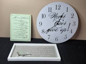 lot 215 image: Inspirational Wall Decor Set Clock, Plaque, and Psalm 914 Art