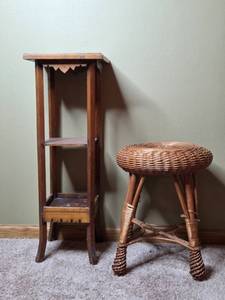 lot 222 image: Vintage Wood Plant Stand and Wicker Stool Set