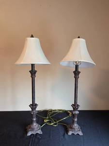 lot 234 image: Pair of Bronze Like Table Lamps with Fabric Shades