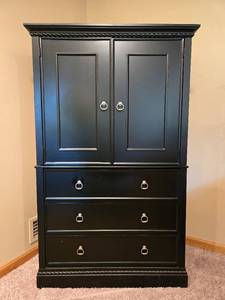 lot 251 image: Black Wooden Armoire with Drawers and Adjustable Shelves