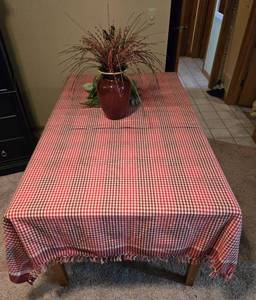 lot 254 image: Wooden Dining Table with Tiled Top and Red Checkered Tablecloth