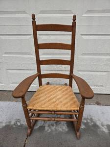 lot 265 image: Vintage Wooden Ladderback Rocking Chair with Woven Seat