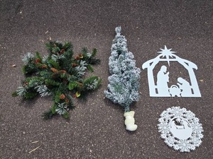 lot 294 image: Christmas Decoration Set Garland, Mini Tree, Snowflake LED Wall Decor, and Nativity Scene Silhouette