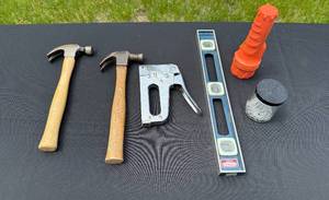 lot 308 image: Hand Tool Set with Hammers, Staple Gun, Level, Flashlight, and Nails