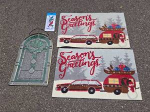 lot 313 image: Set of 2 St. Nicholas Square Holiday Door Mats with Thermometer and Decorative Suncatcher