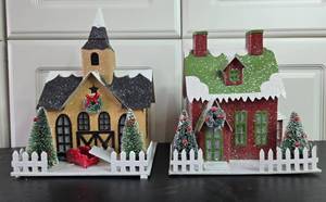 lot 332 image: Set of 2 Glittery Christmas Village Houses with Winter Decorations