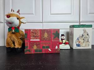 lot 339 image: Christmas Holiday Decor Collection Including Nativity Candleholder and Animated Reindeer