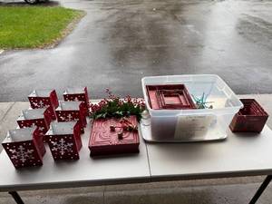 lot 344 image: Collection of Holiday Decor Red Themed Candle Holders, Nested Gift Boxes, and Wall Ornament
