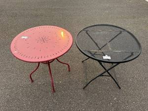 lot 348 image: Set of 2 Outdoor Metal Tables - Black Mesh & Red Steel Designs