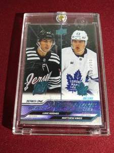 lot 16 image: 2023-24 Upper Deck Deluxe Luke Hughes  Matthew Knies Young Guns Checklist - #d250