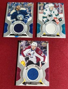 lot 85 image: (3) Upper Deck Hockey Game-Used Jersey Cards