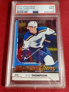 lot 135 image: 2017 Upper Deck Tage Thompson Silver Foil Young Guns Rookie - PSA 9