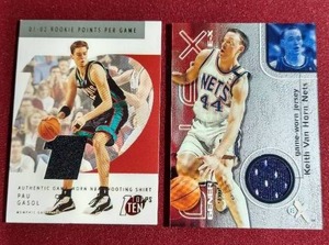 lot 215 image: (2) Basketball Game-Used Jersey Cards - #d HOFer