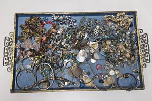 lot 124 image: Estate Lot - Very Nice Mid Century Enameled Tray Full of Costume Jewelry etc