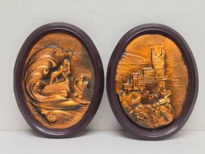 lot 69 image: Pair of Vintage Russian Raised Copper Oval Wall Plaques