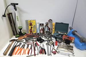lot 50 image: Large Estate Lot of Good Tools - Hatchets , Bike Pump, Wrenches, Sockets etc