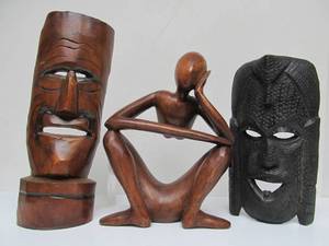 lot 281 image: 3 Handmade African  Indonesian Wood Carvings