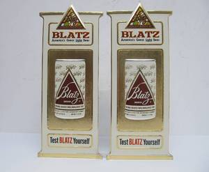 lot 12 image: Pair of NOS Vintage BLATZ Embossed Beer Advertising Signs - Test Blatz Yourself