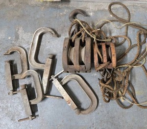 lot 141 image: 2 Antique Wood Pulleys & Old Clamps