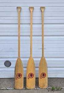 lot 307 image: Set of 3 Vintage OSAGIAN Wood Canoe Paddles wIndian Head Logo 