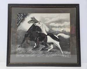 lot 312 image: Framed Antique Litho Print - Spirited Horses - Circa 1900