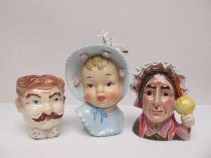 lot 205 image: 3 Vintage 1950s era LadyBabyMan Head Vases #19