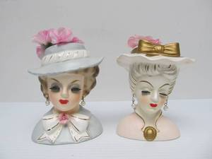 lot 208 image: 2 Vintage 1950s era Lady Head Vases #22