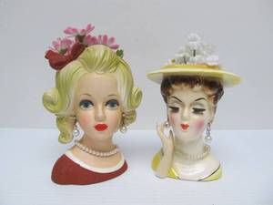 lot 210 image: 2 Vintage 1950s era Lady Head Vases #24