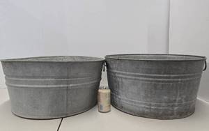 lot 327 image: 2 Nice Condition Primitive Antique Galvanized Steel Wash Tubs