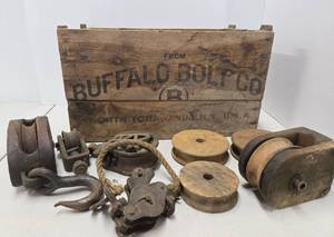 lot 329 image: Group including Antique Advertising Crate & Old Industrial Pulleys