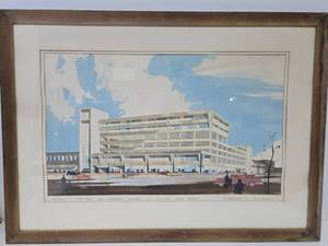 lot 374 image: Awesome Signed Original Mid Century 1950s Architectural Illustration Painting - Minneapolis 