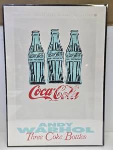 lot 379 image: Framed Vintage 1990 ANDY WARHOL Artwork - Three Coke Bottles