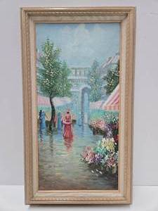 lot 410 image: Framed Signed Original Vintage Oil on Canvas Street Scene Painting wFlowers