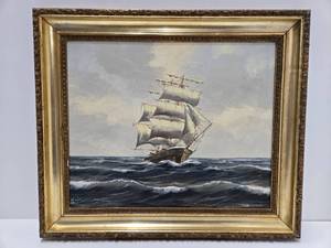lot 412 image: Framed Signed Original Oil on Canvas Nautical Ship Painting